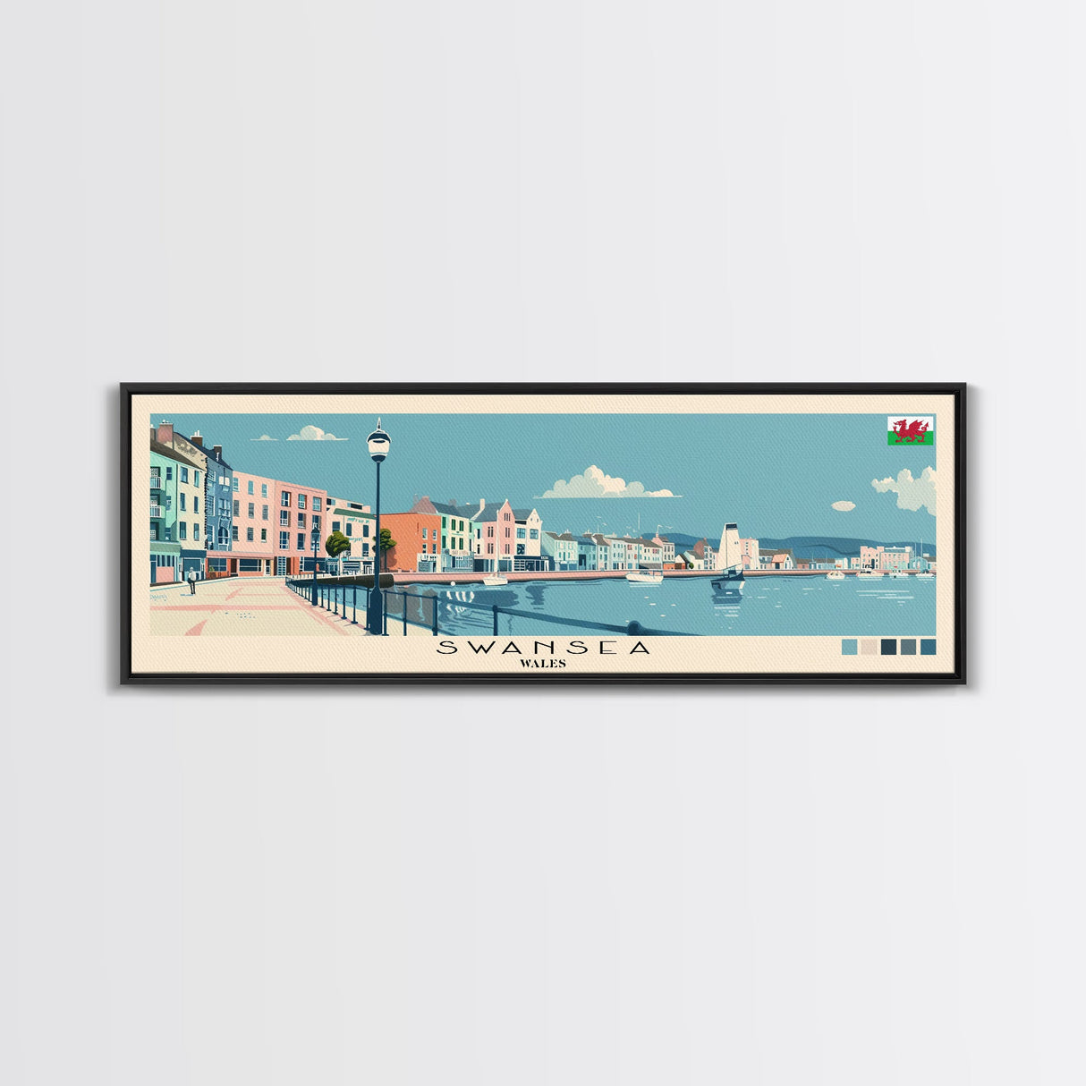 Swansea, Wales Panoramic Canvas Print, Swansea, Wales Painting, Wales Art, Swansea Travel Poster, Travel Art, Housewarming Gift