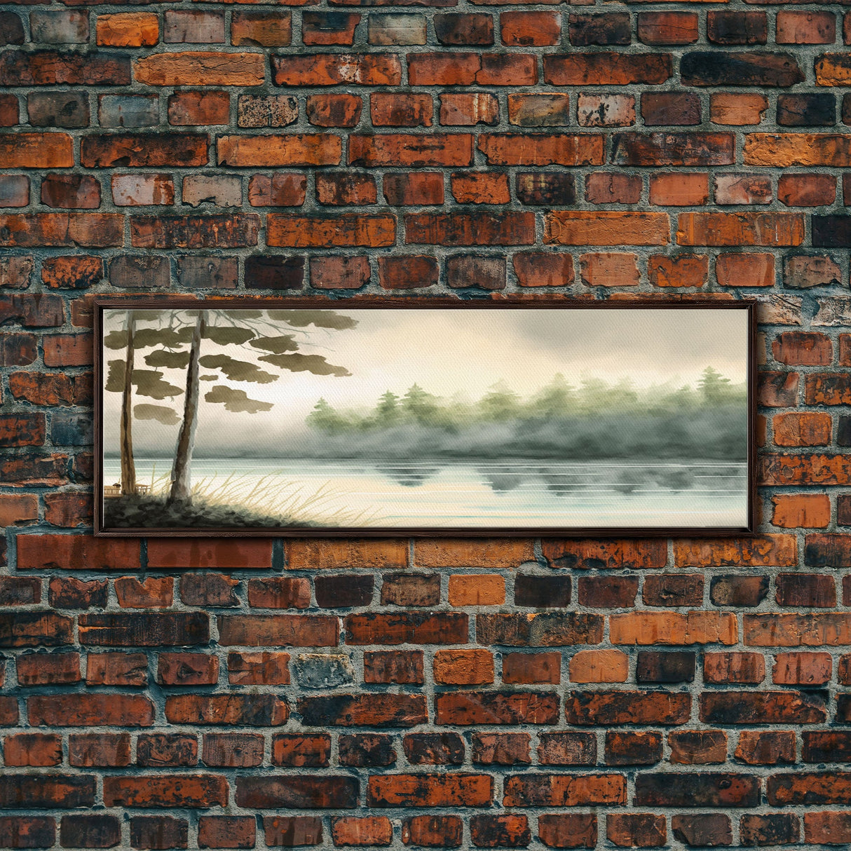 Panoramic Framed Canvas Print of Misty Fog Covered Lake and Pine Tree Forest, Perfect for Living Room, Bedroom