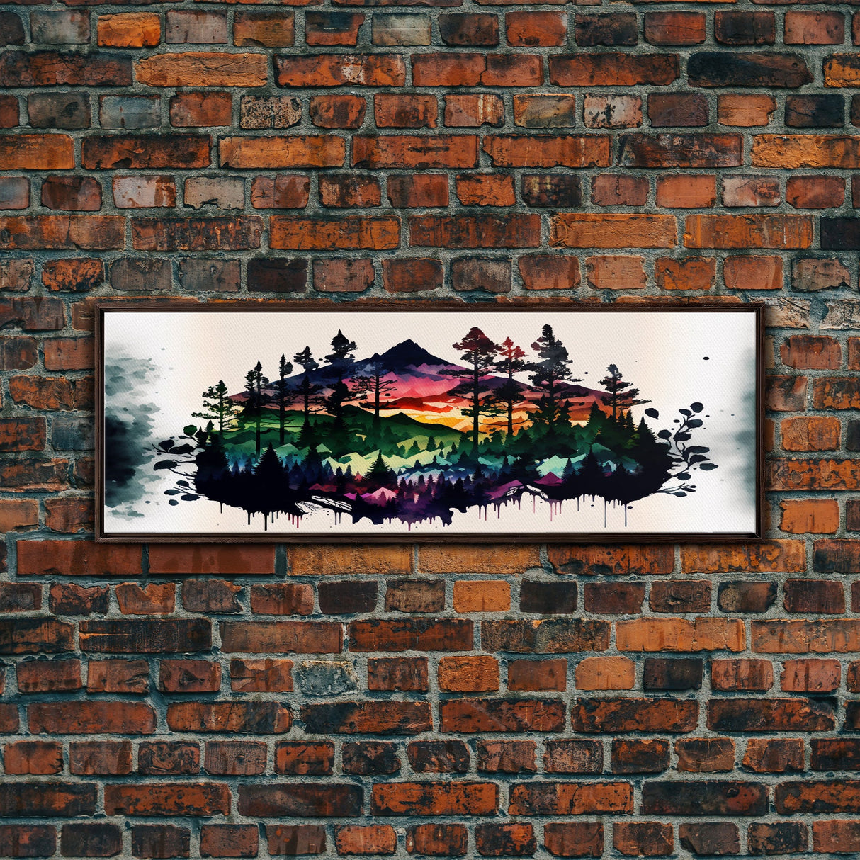 Vibrant Double Exposure Watercolor of a Mountain Landscape and Pine Tree Forest at Sunset, Wide Panoramic Framed Canvas Print