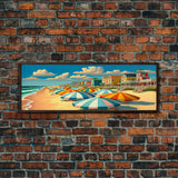 The Beach Boardwalk, Beach Umbrellas, Framed Canvas Print, Colorful Panoramic Beach Art, Midcentury Modern Style Wall Art