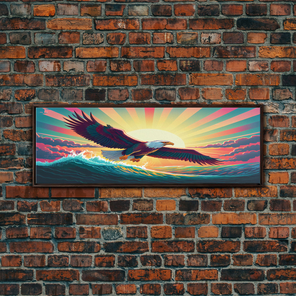 American Bald Eagle, Panoramic Wall Art, Framed Canvas, Retro Style Eagle Painting, Synthwave Ocean Sunset Art