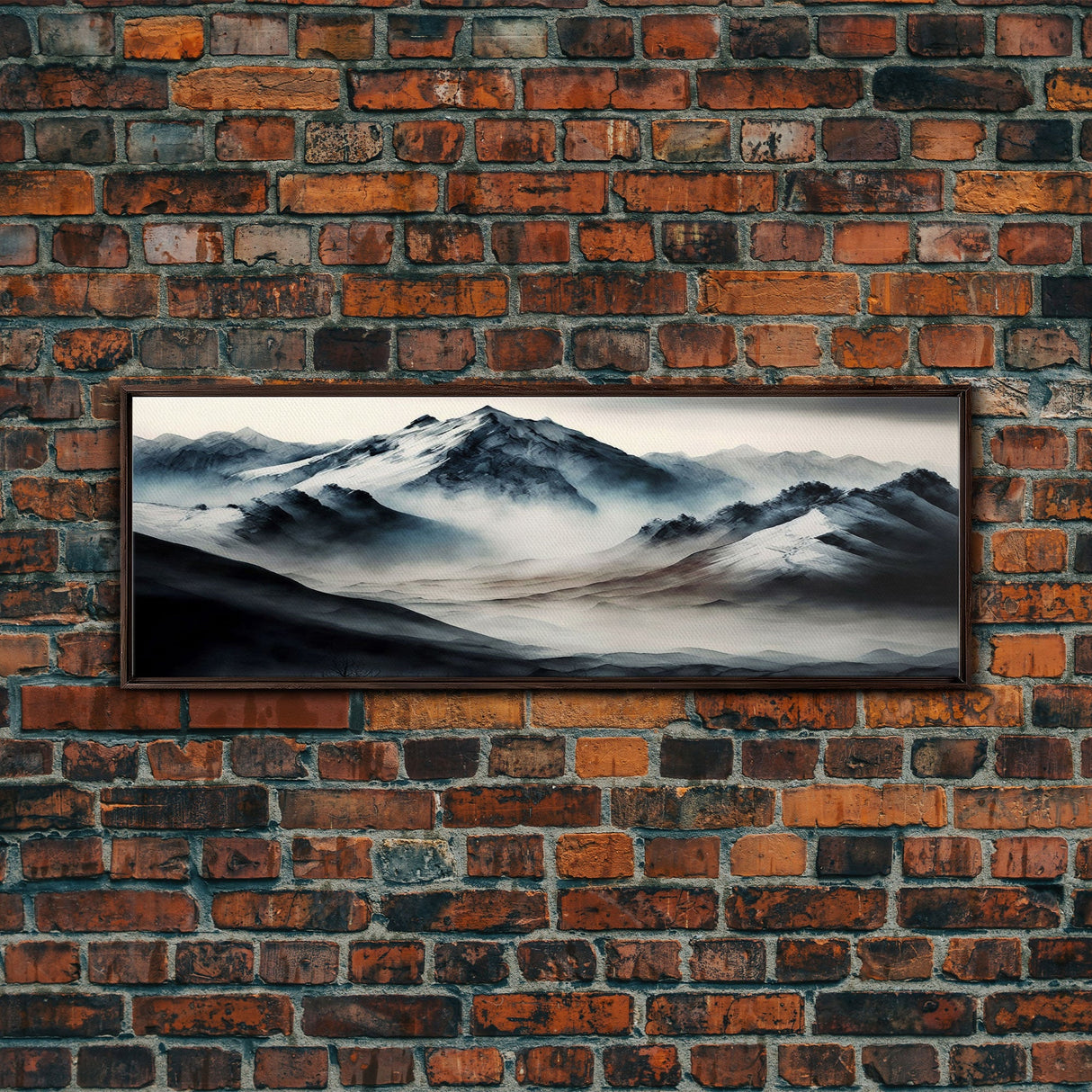 Panoramic Framed Canvas Print of Watercolor Snowy Mountain Lake Reflection Landscape Painting, Unique Landscape Wall Art