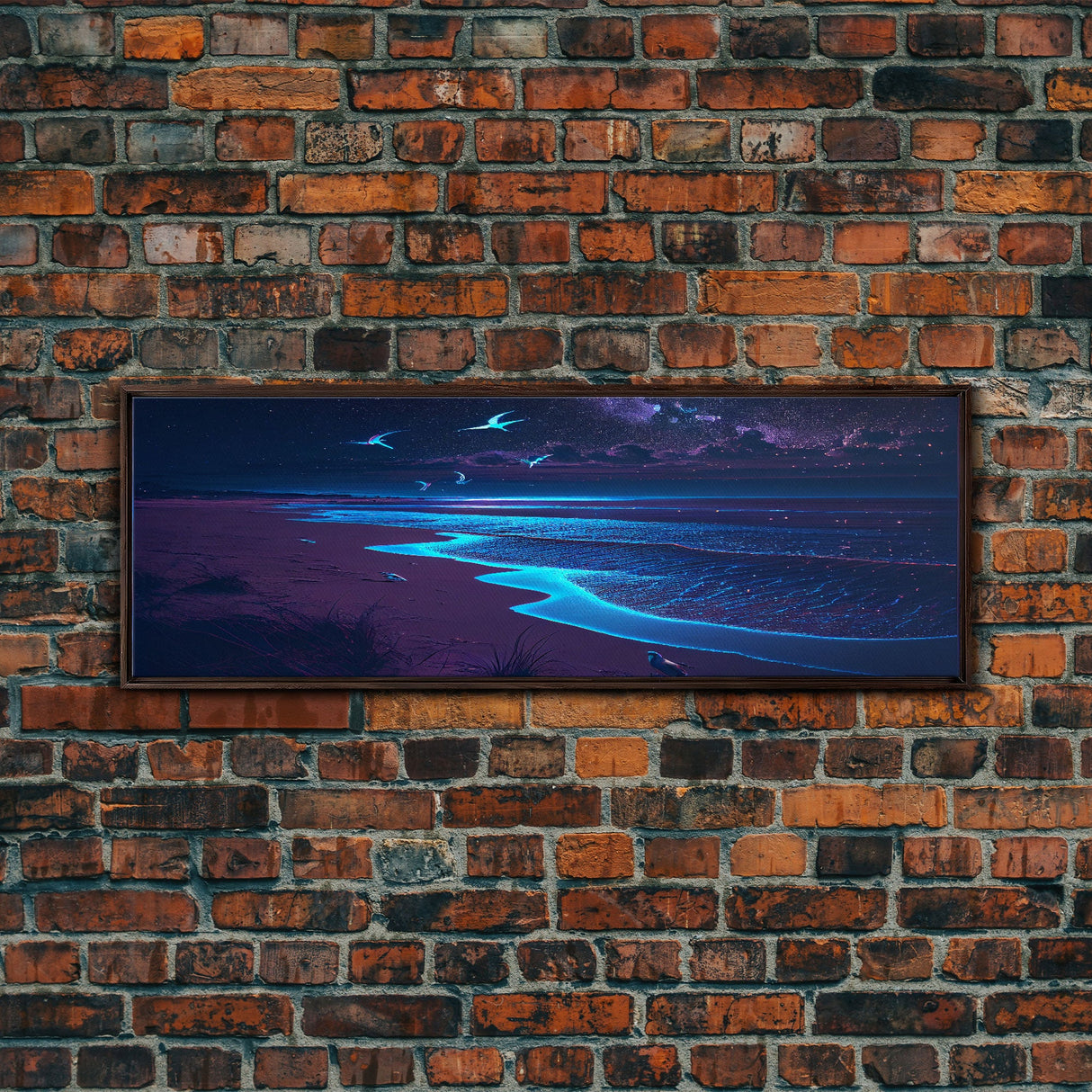 Night Moves, Retro Synthwave Beach Art, Framed Canvas Print, Starry night sky over the pacific ocean