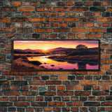 Vibrant Orange Mountain Sunset Panoramic Framed Canvas Print, Colorful Nature Landscape, Cool Wall Art