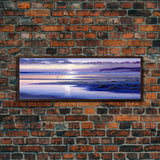 Panoramic Framed Watercolor Beach Landscape Canvas Print - Colorful Clouds & Waves | Seascapes Wall Art | Sunset Over The Ocean