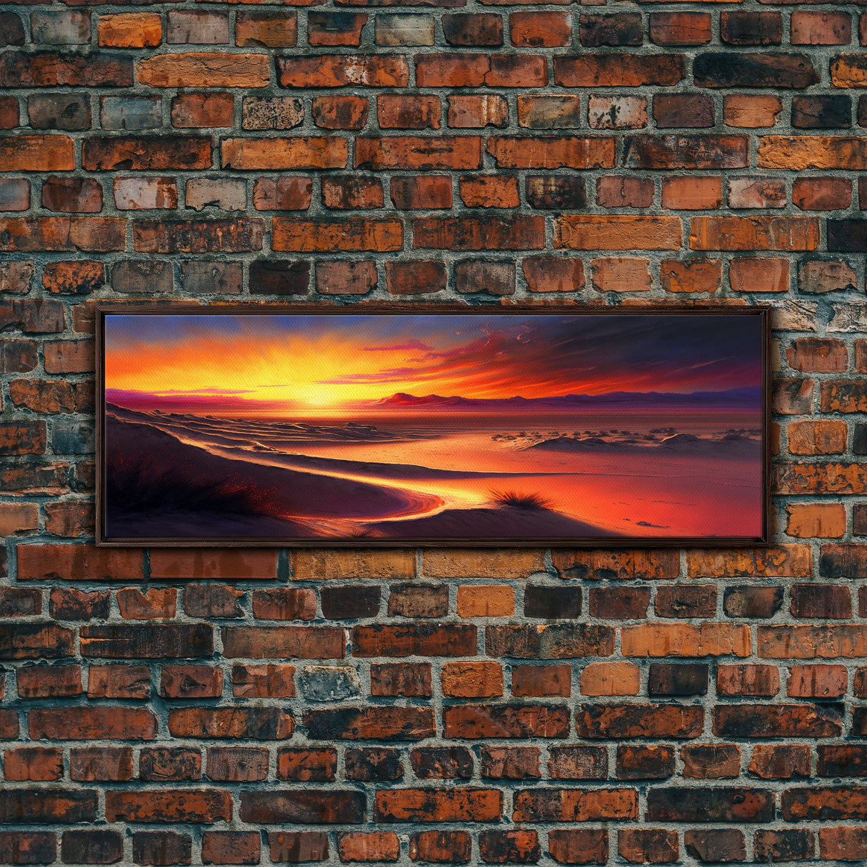 Panoramic Framed Canvas Print - Watercolor Desert Landscape Painting - Vibrant Sunset - Wall Art for Living Room, Bedroom