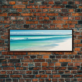 Blue Beach and Ocean Waves Panoramic Framed Canvas Print - Perfect for Living Room, Bedroom, Office Decor