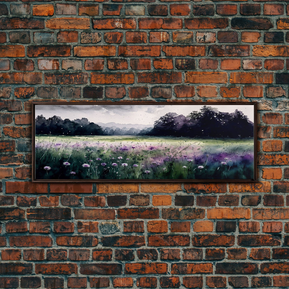 Panoramic Framed Canvas Print - Watercolor Purple Flower Field Landscape - Perfect for Living Room, Bedroom, Office, Guest Room Art