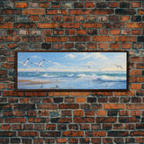 Blue Beach, Ocean Waves & Seagulls Panoramic Framed Canvas Print - Perfect for Living Room, Bedroom, Office Decor