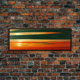 Art Deco Wall Art, Framed Canvas Print, Emerald Green and Gold Palm Tree Leaves and Sunset, Panoramic Ultrawide Art, Large Format Wall Decor