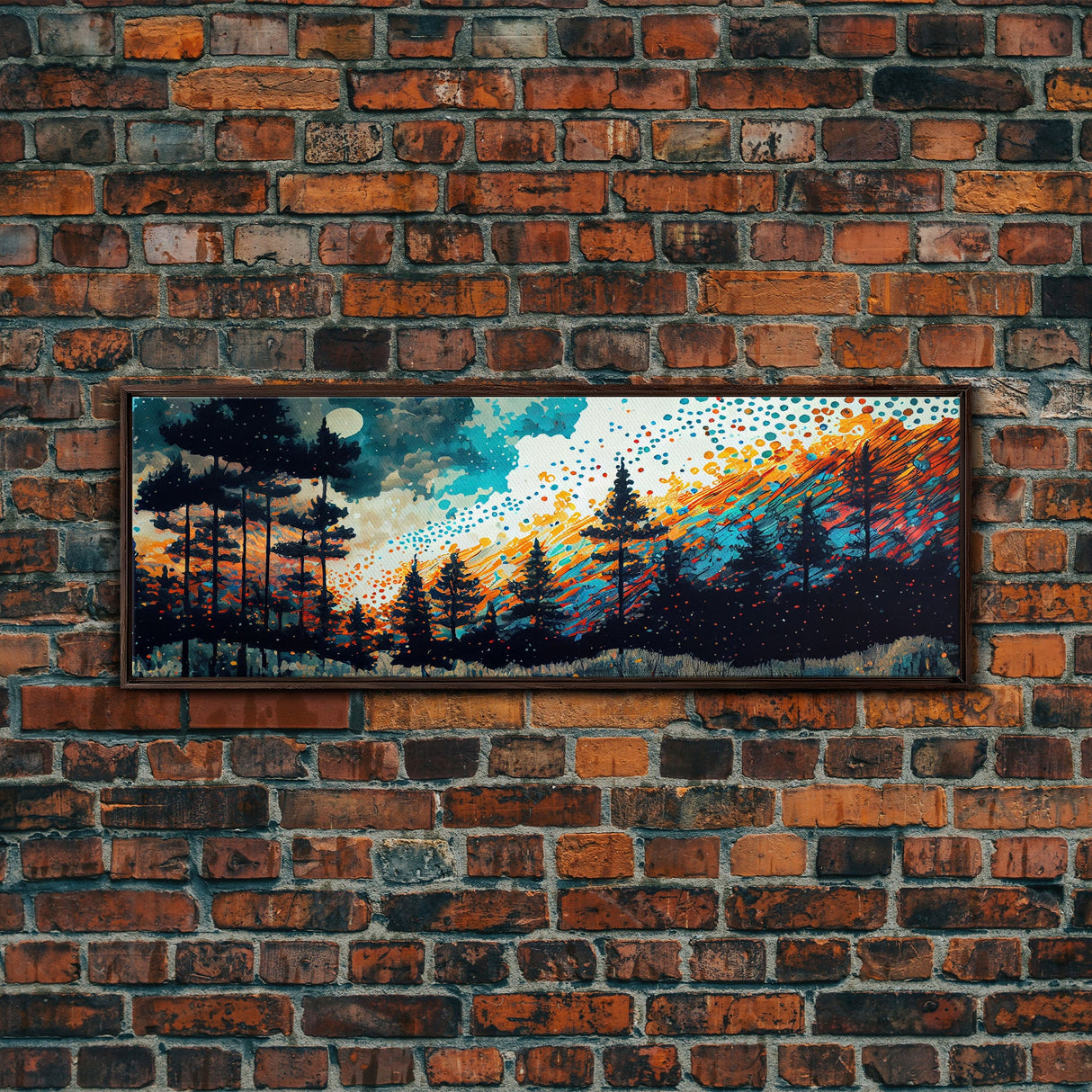 Extra large 24 x 72 wall art, framed canvas print, abstract pine tree forest painting, painting of a forest fire against a starry night sky