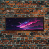 Beautiful Science Fiction Wall Art, Synthwave Style Scifi Art, Framed Canvas Print, Panoramic Alien Worlds and Star Filled Night Sky