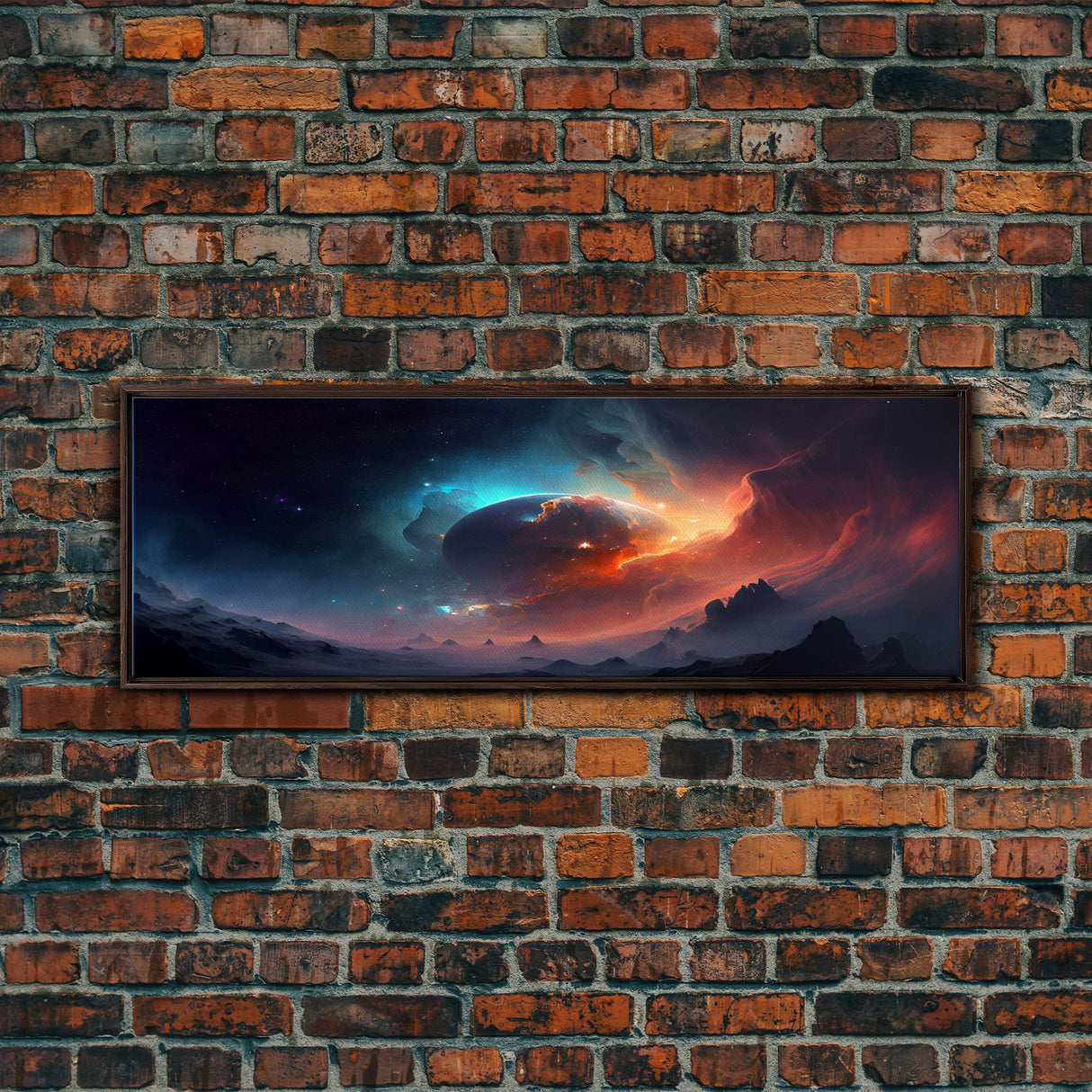 Beautiful Science Fiction Wall Art, Synthwave Style Scifi Art, Framed Canvas Print, Panoramic Alien Worlds and Star Filled Night Sky