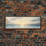 Panoramic Sea Canvas Oil Painting Print, Holiday Seascape Art, Blue Sky Cloud Mural Living Room Decor Painting Framed Wall Art