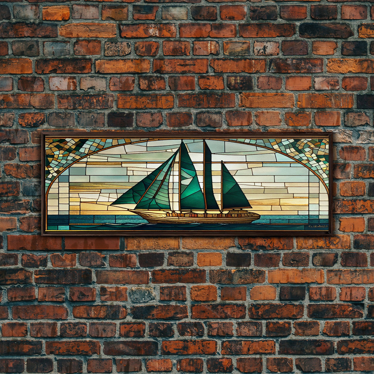 Panoramic Art Deco Sail Boat, Stained Glass, Early 20s Style Art, Roarin' 20s Art, Nautical Theme Framed Canvas Print, Extra Large Art