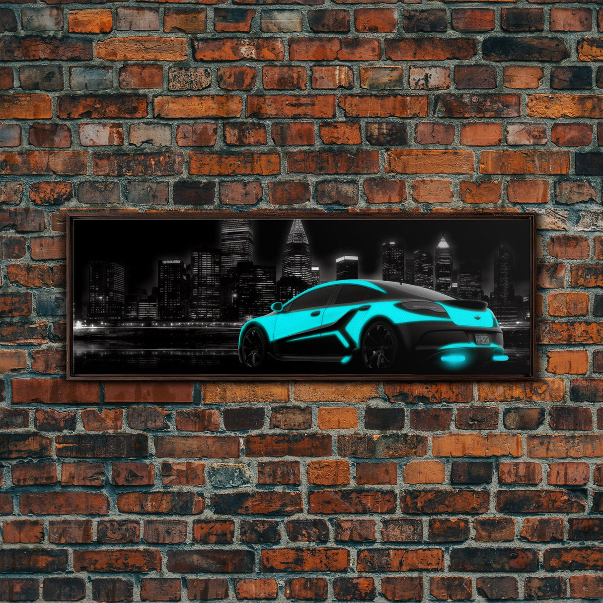 City Skyline Wall Art, Teal Sports Car,  Abstract Urban Art, Cityscape Art, Dark Night Large Urban Art, Panoramic, Wall Art, Canvas Print