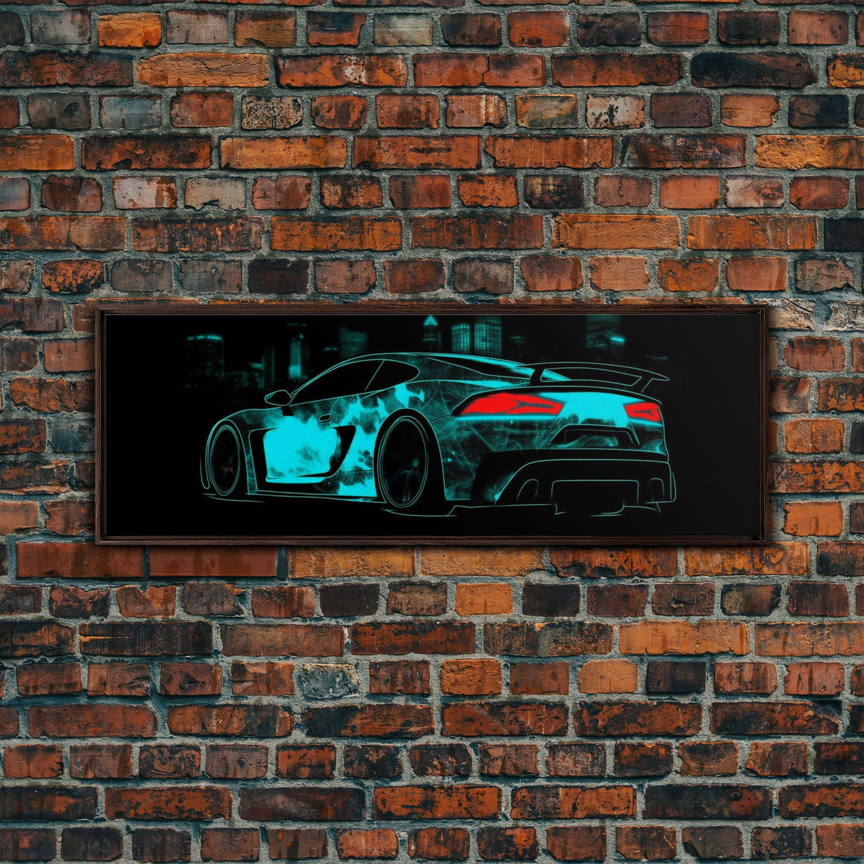 Teal Sports Car,  Abstract Urban Art, Cityscape Art, Dark Night Large Urban Art, City Skyline Wall Art, Panoramic, Wall Art, Canvas Print