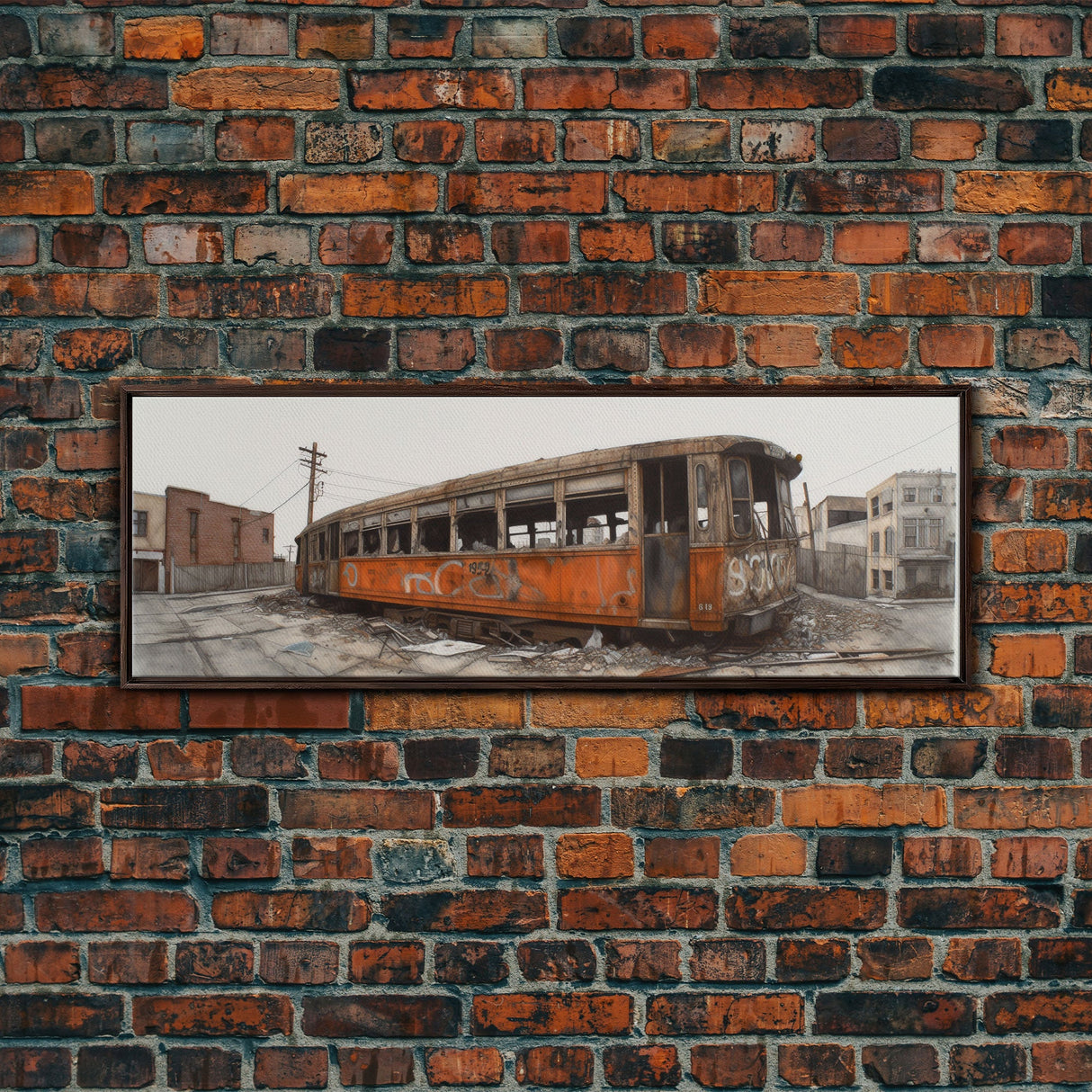 Abandoned Orange Train, Graffiti Art, Urban Art Print, Street Art, Wall Decor, Large Canvas Print, Panoramic, Wall Art, Canvas Print