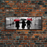 Red And Black Umbrellas, Women Walking On Street, City Art, Wall Decor, Large Urban Canvas Art Print, Panoramic, Wall Art, Canvas Print