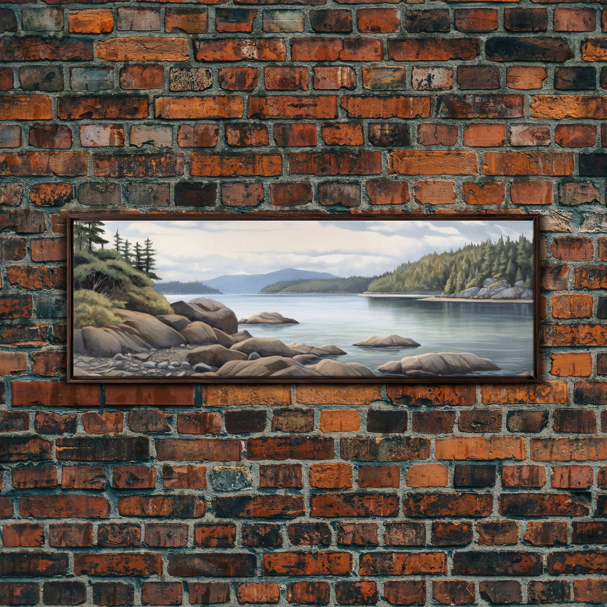 Colored Pencil Landscape Wall Art Print, Lake, Riverbank, River, Trees, Mountain, Large Canvas Art Print, Panoramic, Wall Art, Canvas Print