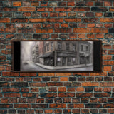 Dystopian City Canvas Print, Buildings, Man On Street, Urban Art, Large Urban Art Print, Wall Decor, Panoramic, Wall Art, Canvas Print