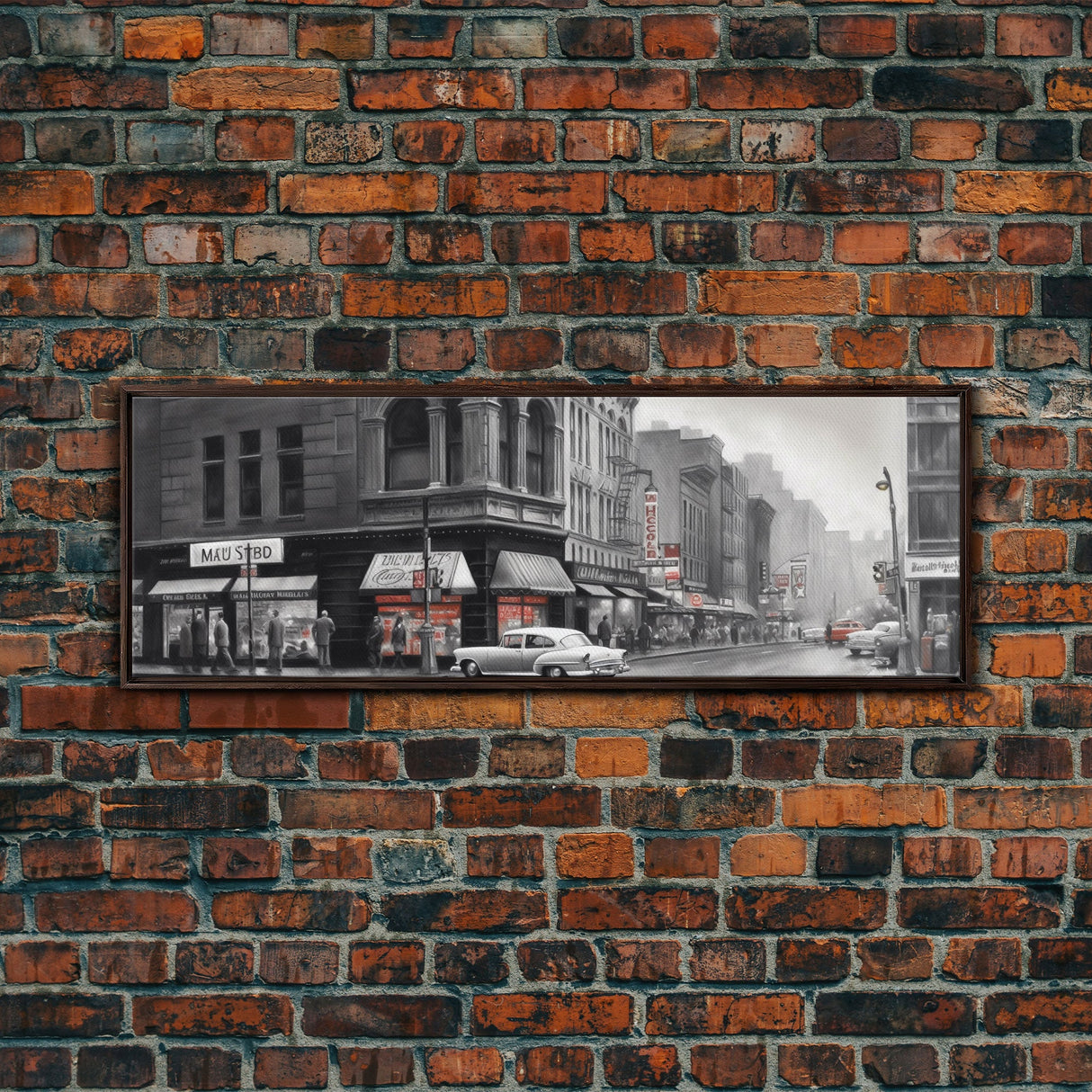 Vintage Cars City Canvas Print, Vintage Art, Buildings, People On Sidewalk, Large Urban Art Print, Panoramic, Wall Art, Canvas Print