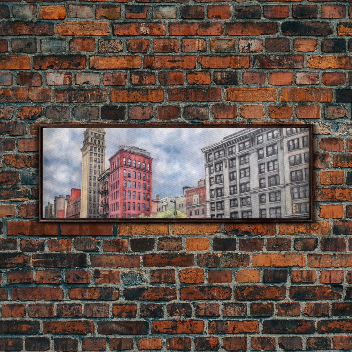 Colored Pencil City Canvas Print, Large Urban Art Print, Cityscape Art, Buildings, Red, Vibrant Art, Panoramic, Wall Art, Canvas Print