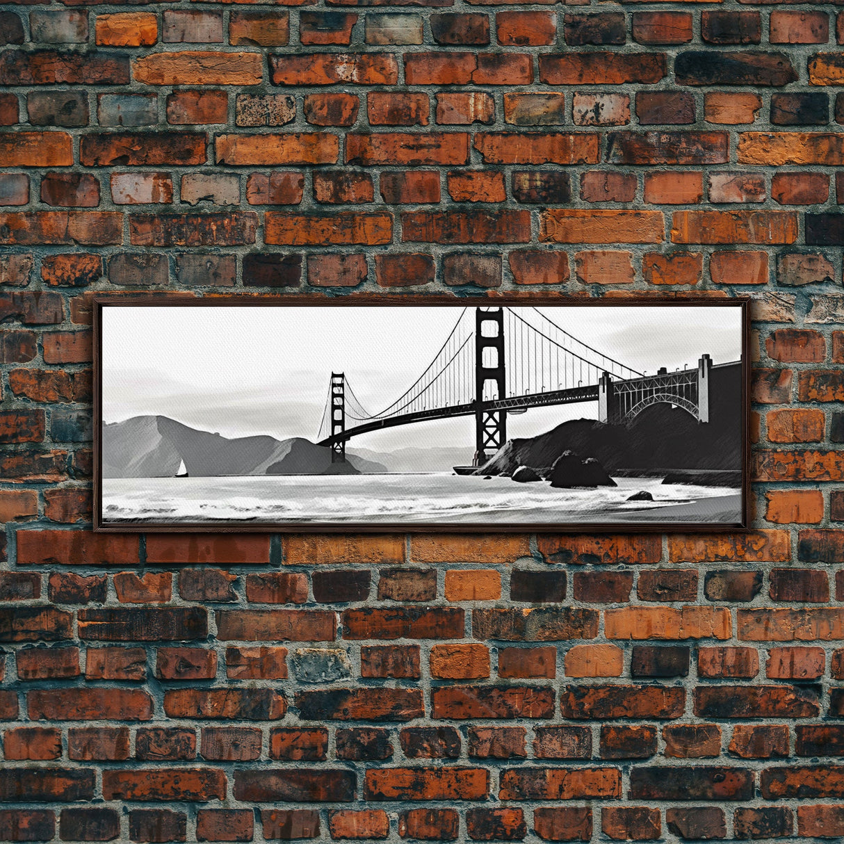 Black And White Suspension Bridge Canvas Print, Large Urban Art Print, Sailboat, River, Landscape, Panoramic, Wall Art, Canvas Print