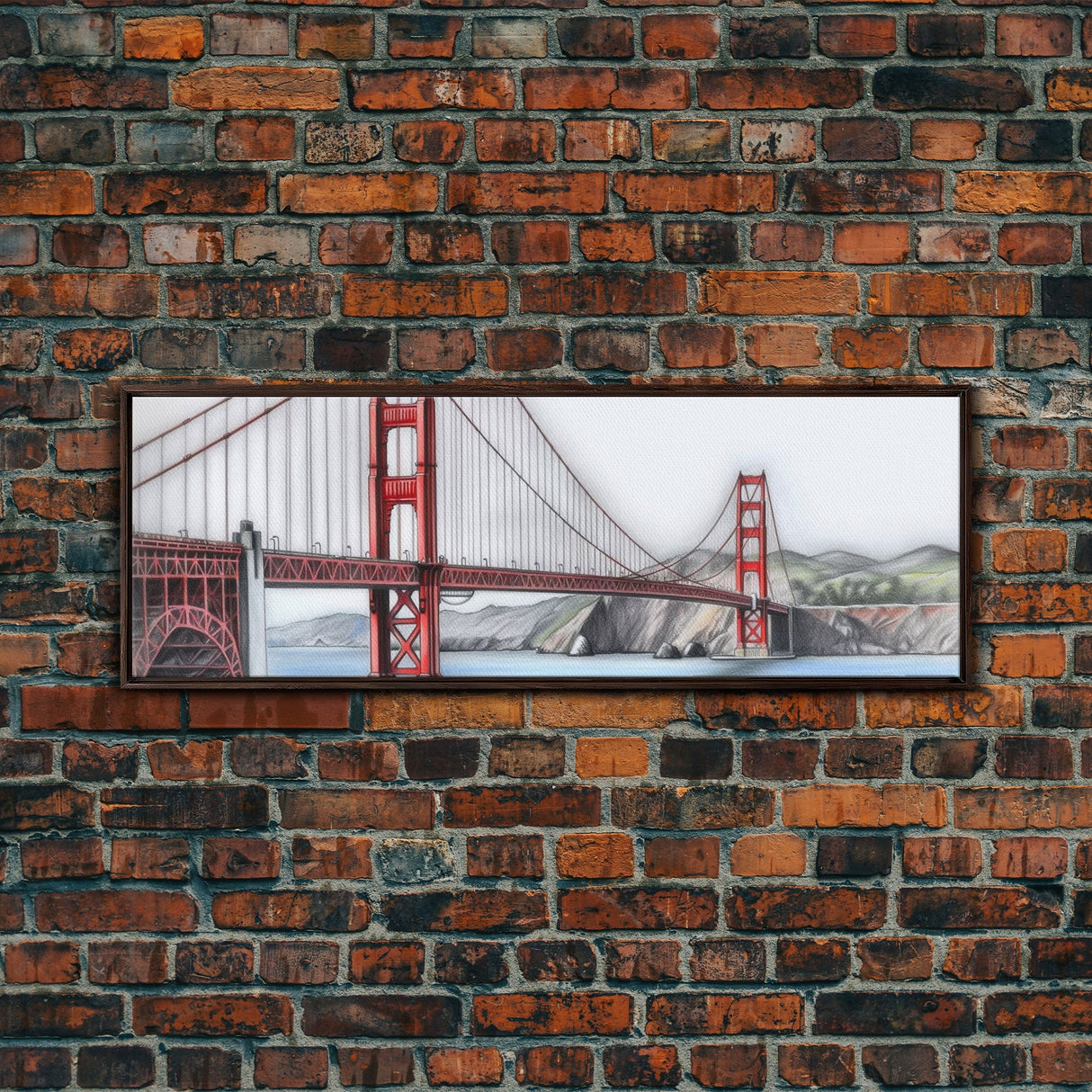 Red Suspension Bridge Canvas Print, Colored Pencil Sketch Art, Mountain, Landscape, River, Lake, Panoramic, Wall Art, Canvas Print