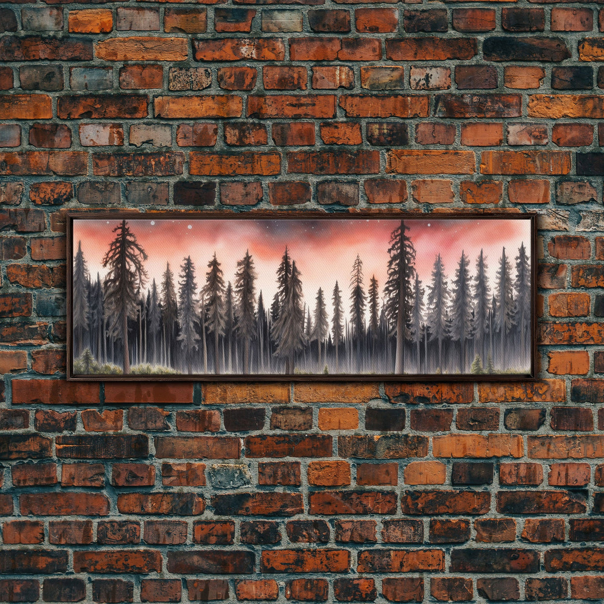 Woods Wall Art, Forest Art Print, Pink Sky, Pine Trees, Framed Canvas Print, Colored Pencil Art, Panoramic, Wall Art, Canvas Print