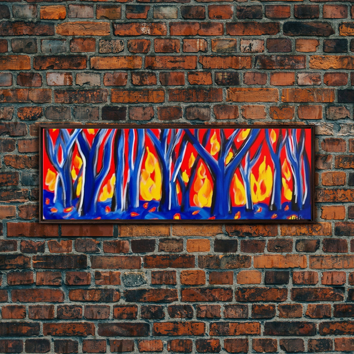 Forest On Fire, Red Flames, Blue Trees, Abstract Forest Art, Canvas Wall Decor, Large Art Print, Panoramic, Wall Art, Canvas Print