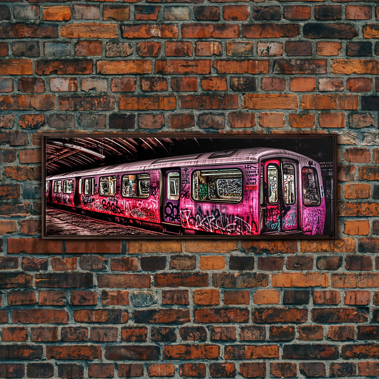 Pink Subway Train Canvas Art Print, Abandoned Train, Graffiti Art, Wall Decor, Large Framed Canvas Print, Panoramic, Wall Art, Canvas Print