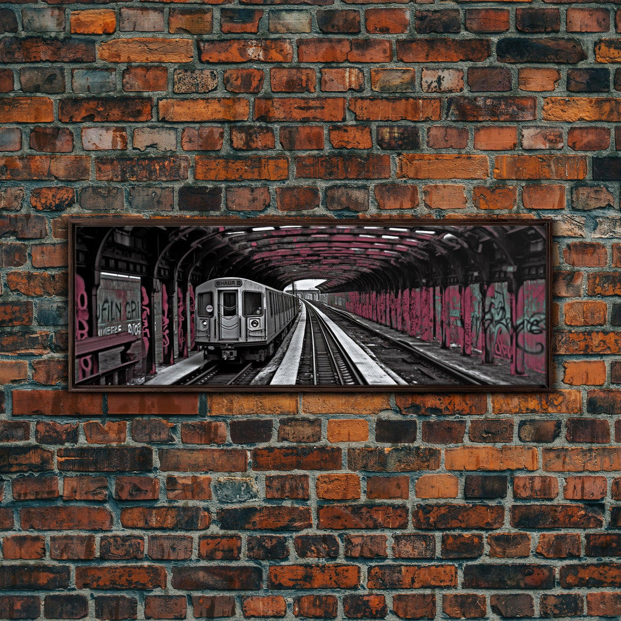 Pink Graffiti On Subway Train, Urban Art, Urban Canvas Art, Graffiti Art Canvas, Framed Canvas Print, Panoramic, Wall Art, Canvas Print