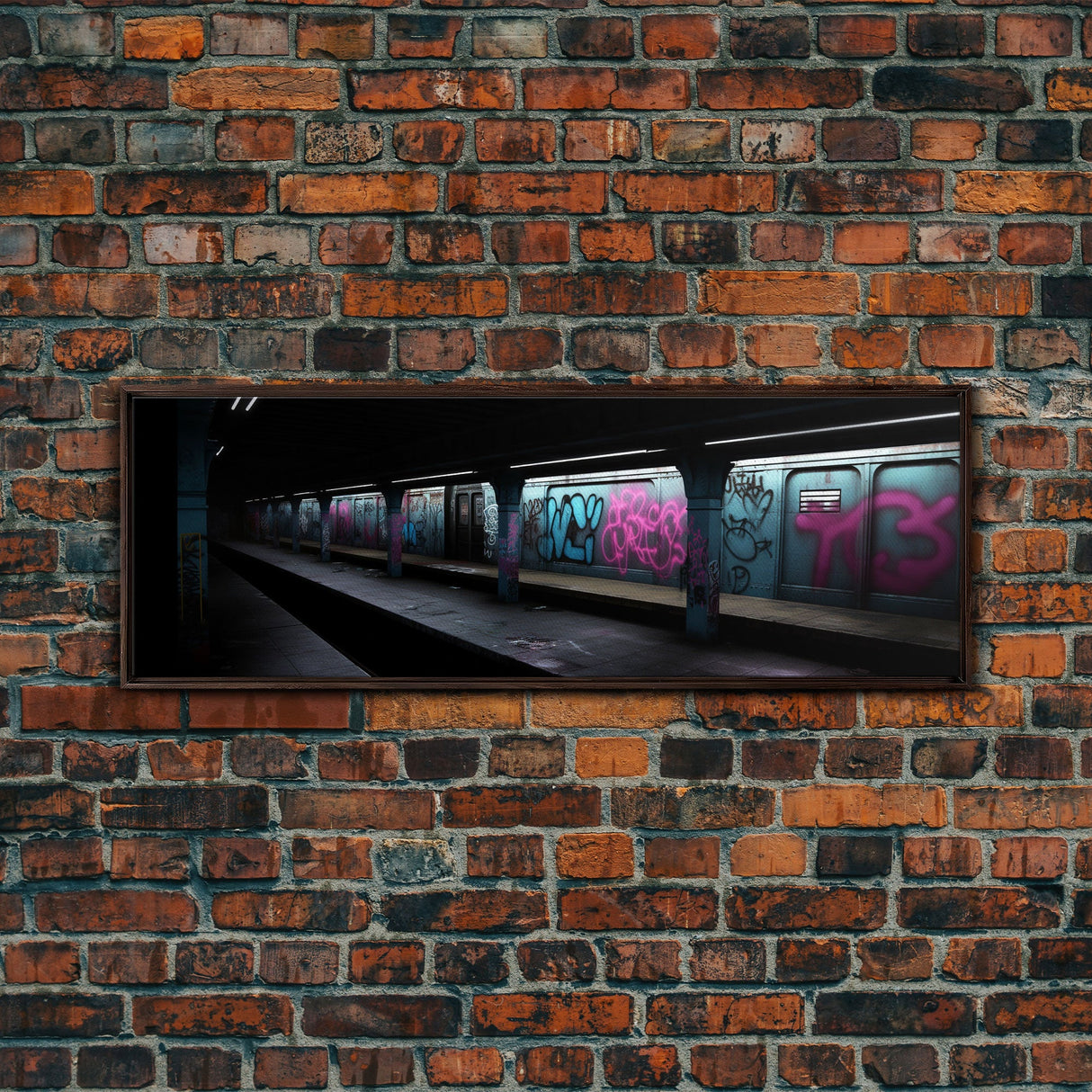 Urban Art, Graffiti On Subway Train, Pink And Teal Graffiti Art Canvas, Wall Decor Framed Canvas Print, Panoramic, Wall Art, Canvas Print