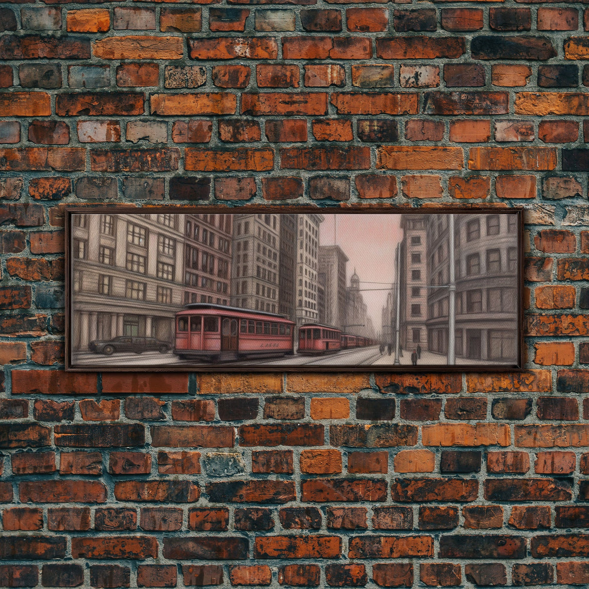 Colored Pencil Streetcar Urban Art Print, Red Train, Tram In The City, Sketch Art, City Art, Urban Print, Panoramic, Wall Art, Canvas Print