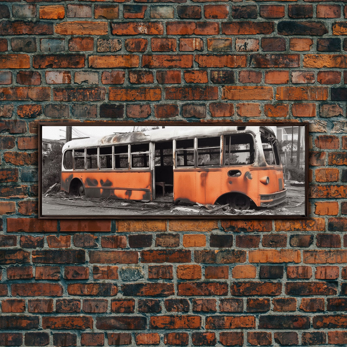 Old Burned Down Orange Bus, Abandoned Bus, Wall Decor, Bus Wreckage Canvas Art Print, Panoramic, Wall Art, Canvas Print