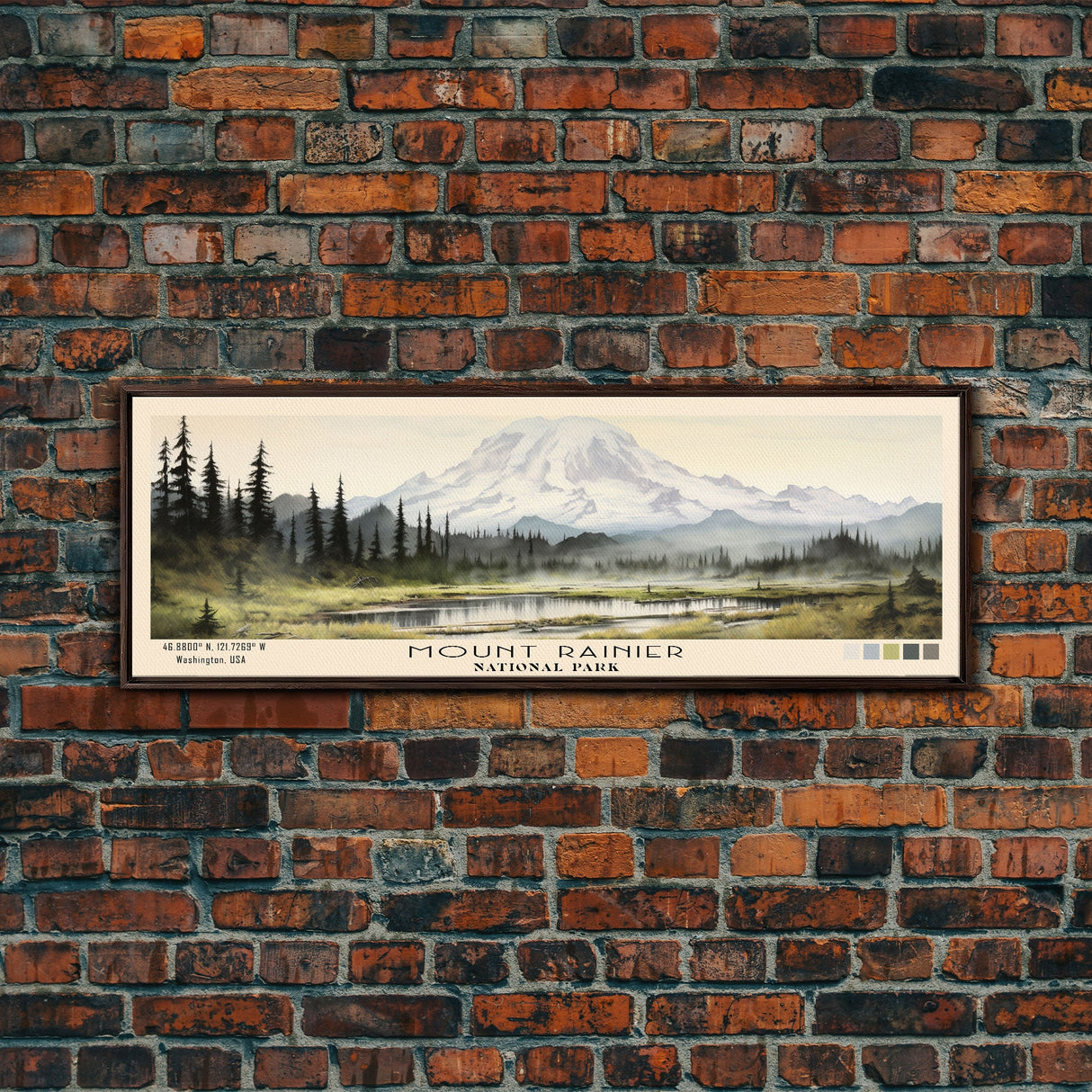 Mount Rainier National Park Panoramic Travel Art, National Park Print, Minimalist Travel Art, Subdued Watercolor Painting Panoramic