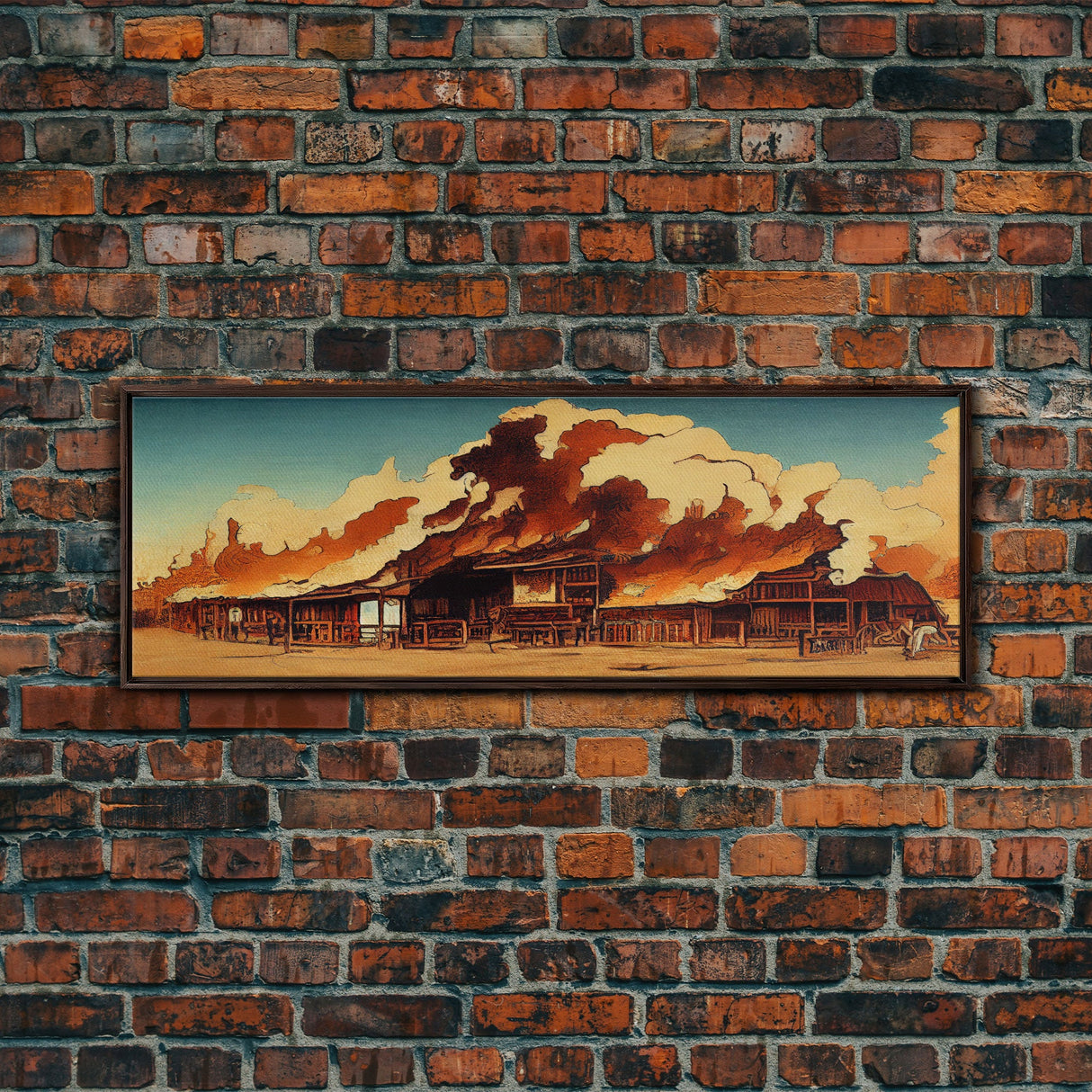 Wild West Canvas Art, Ready To Hang Canvas Print, Panoramic Art, Old West Saloon On Fire