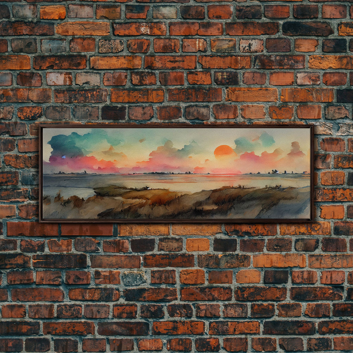 Watercolor Landscape Painting Print, Ready To Hang Panoramic Canvas Print, Whimsical Water Color Sunset, Hazy Smoky Sky