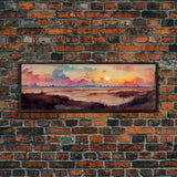 Watercolor Landscape Painting Print, Ready To Hang Panoramic Canvas Print, Whimsical Water Color Sunset, Hazy Smoky Sky, Huge Wall Art