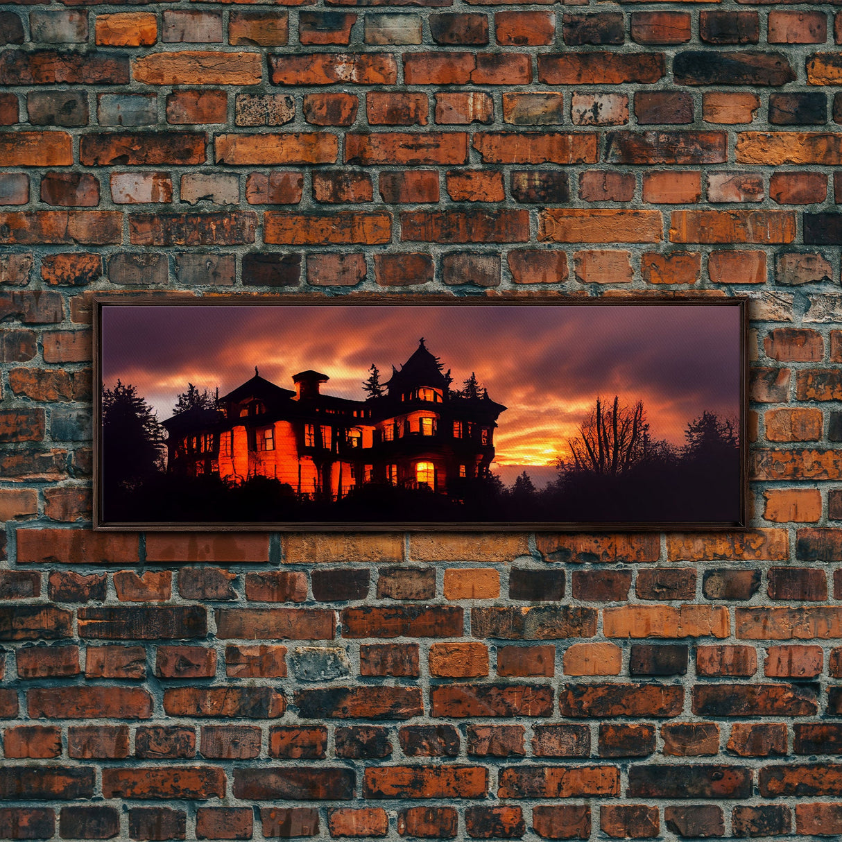 Spooky Haunted House, Panoramic Wall Art Canvas Print, Ready To Hang, Creepy Wall Decor, Gloomy Art