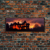 Spooky Haunted House, Panoramic Wall Art Canvas Print, Ready To Hang, Creepy Wall Decor, Gloomy Art