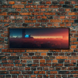 Cyberpunk Cityscape, Ready To Hang Canvas Print, Panoramic, Cyberpunk Concept Art, Cityscape at Sunset, Cool mancave art, gift for him