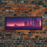 Cyberpunk Cityscape, Ready To Hang Canvas Print, Panoramic, Cyberpunk Concept Art, Cityscape at Sunset, Cool mancave art, Purplewave