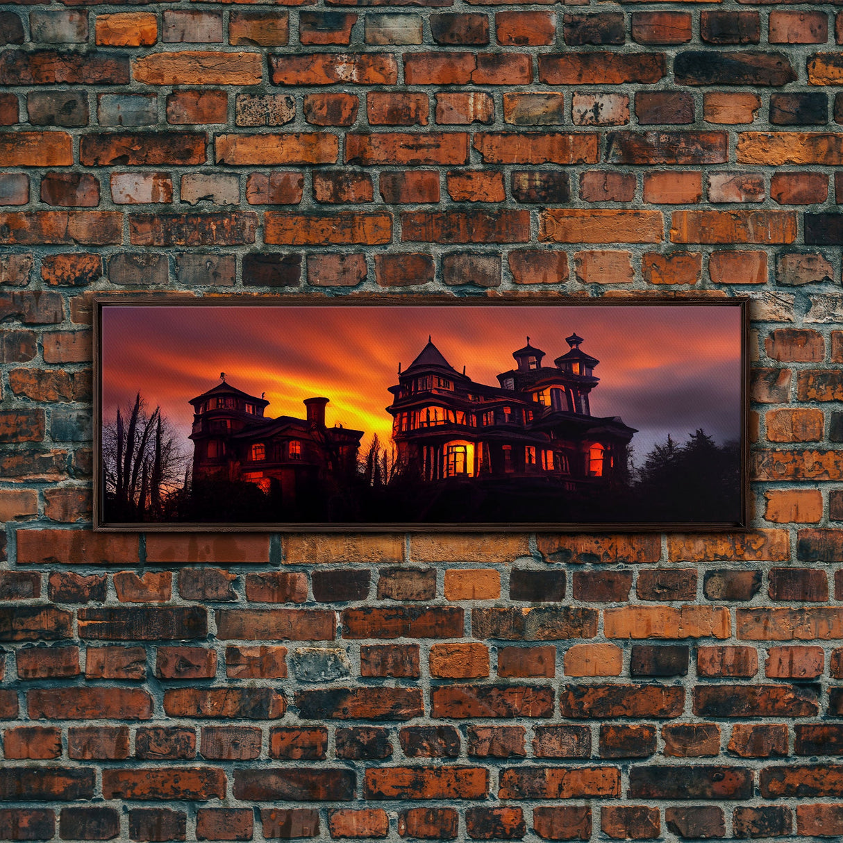 Spooky Victorian Haunted House, Panoramic Wall Art Canvas Print, Ready To Hang, Creepy Wall Decor, Gloomy Art, Scary Halloween Wall Decor