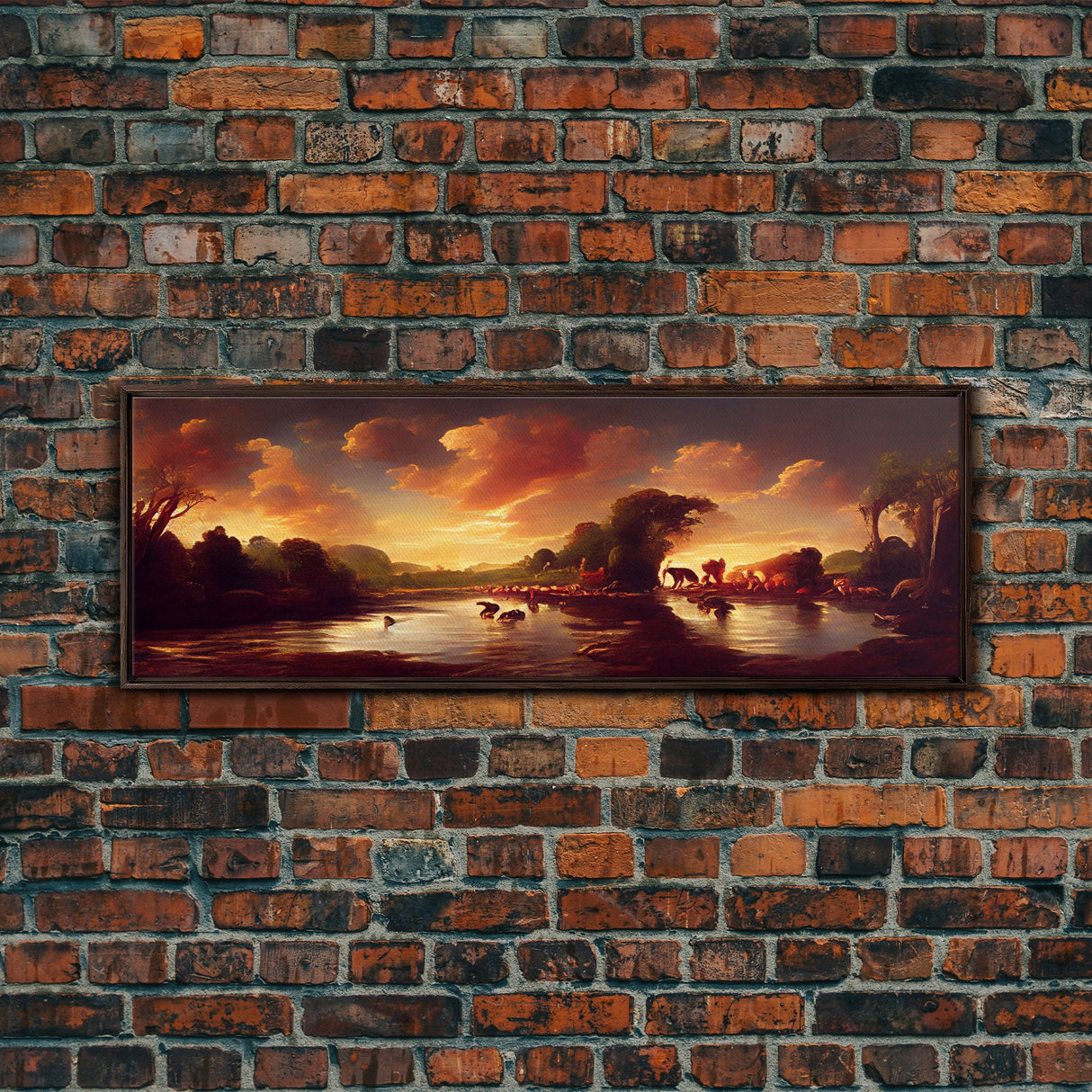 Prehistoric Abstract Landscape Art, Ready To Hang Canvas Print, Panoramic Art, Dinosaurs At Sunset