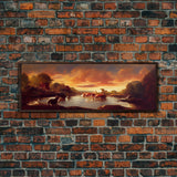 Prehistoric Dinosaur Abstract Landscape Art, Ready To Hang Canvas Print, Panoramic Art, Dinosaurs At Sunset