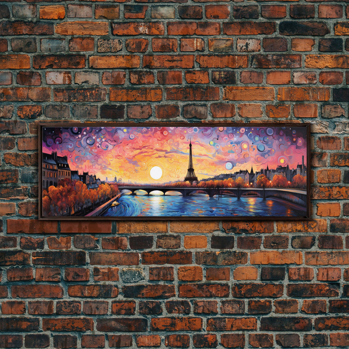 Eiffel Tower Abstract Paris France Panoramic Framed Canvas Print, Van Gogh Inspired Original Painting, Colorful Wall Art