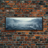 Panoramic Winter Scene Canvas Print, Winter Stream Drone Shot Bird's Eye View, Rustic Winter Centerpiece Wall Art, Panoramic Art