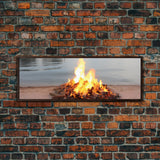 Campfire On The Beach, Framed Canvas Print, Lakehouse Wall Art, Ocean Decor, Ocean Wall Art, Home & Office Decoration